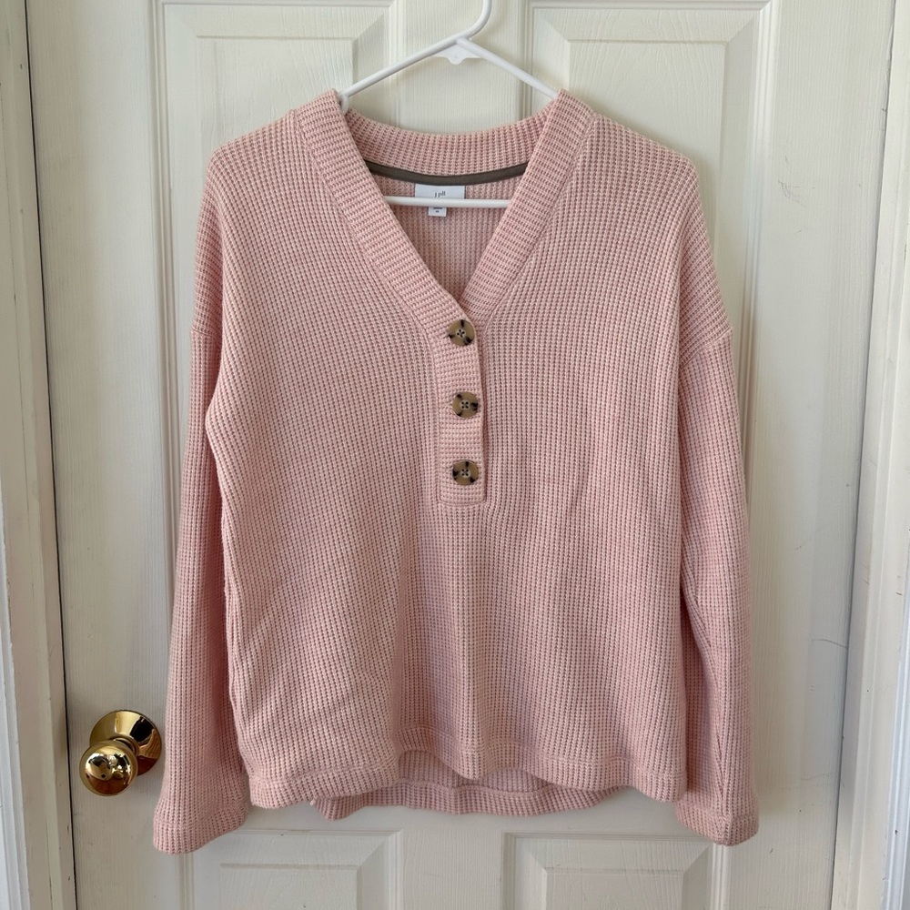 J. Jill Pink Waffle Knit Henley Pullover V-neck Sweater
